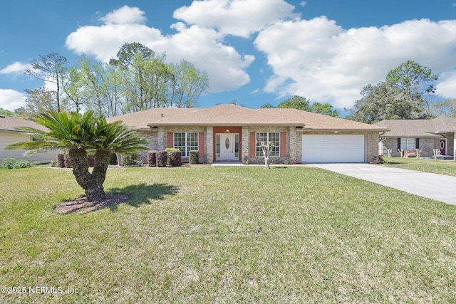 ranch-style house featuring a garage, brick siding, concrete driveway, and a front yard