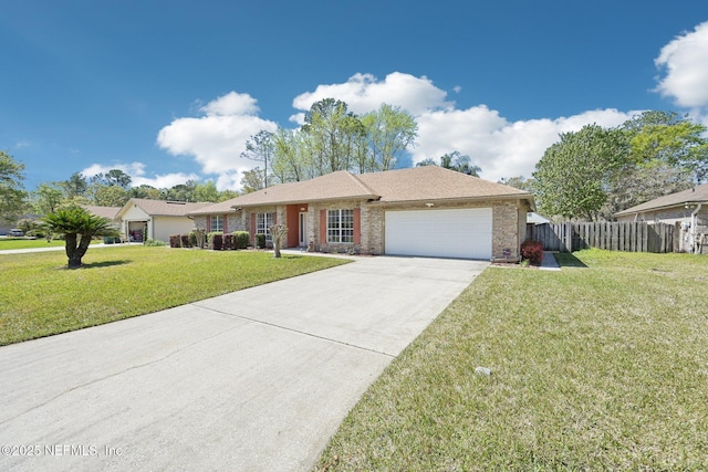 ranch-style house with brick siding, a front lawn, fence, driveway, and an attached garage