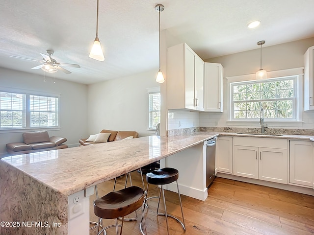 31 Lewis Blvd, Saint Augustine, FL 32084 - kitchen featuring stainless steel dishwasher, ceiling fan, light stone countertops, and a sink