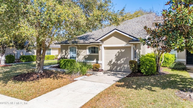 single story home with roof with shingles, an attached garage, stucco siding, concrete driveway, and a front lawn