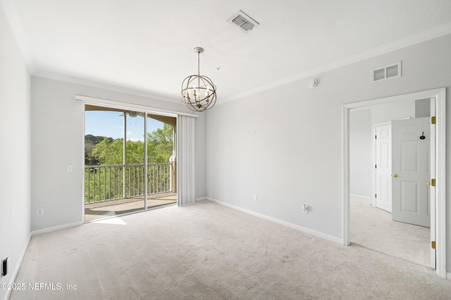 unfurnished room with a chandelier, visible vents, baseboards, and carpet