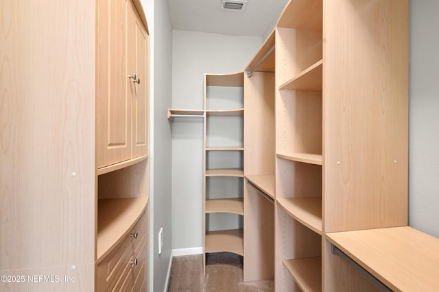 spacious closet featuring visible vents and dark colored carpet