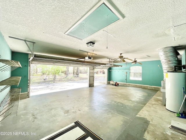 garage featuring gas water heater, a garage door opener, and baseboards