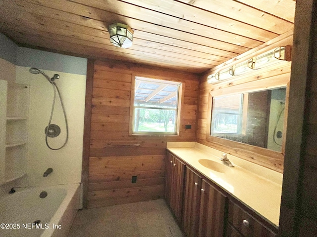 bathroom with tub / shower combination, wood ceiling, wood walls, and vanity