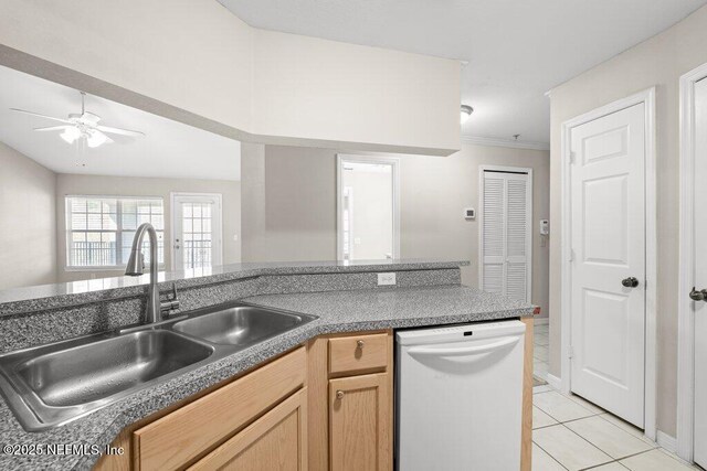 7800 Point Meadows Dr Unit 736, Jacksonville, FL 32256 - kitchen with light tile patterned floors, a ceiling fan, a sink, dishwasher, and crown molding