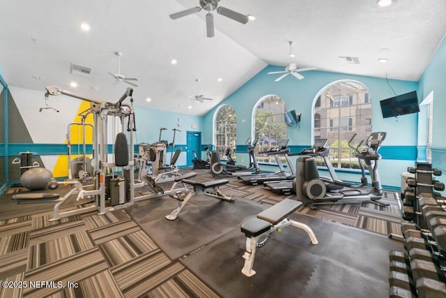 7800 Point Meadows Dr Unit 736, Jacksonville, FL 32256 - workout area with lofted ceiling, carpet flooring, a ceiling fan, and visible vents