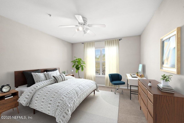 bedroom with a ceiling fan, baseboards, and light carpet