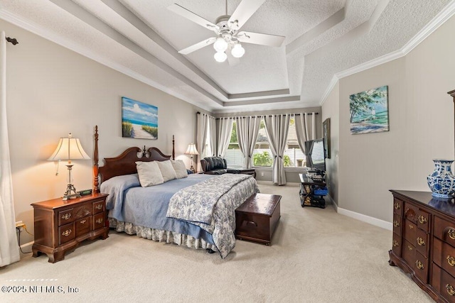 1341 Honeysuckle Dr, Saint Johns, FL 32259 - bedroom featuring a raised ceiling, light colored carpet, a textured ceiling, baseboards, and ornamental molding