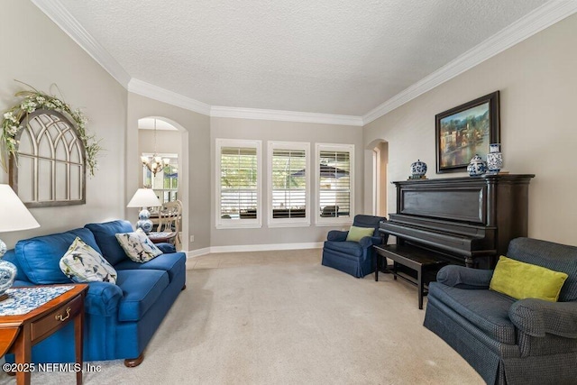 1341 Honeysuckle Dr, Saint Johns, FL 32259 - living area with arched walkways, carpet floors, a chandelier, crown molding, and a textured ceiling