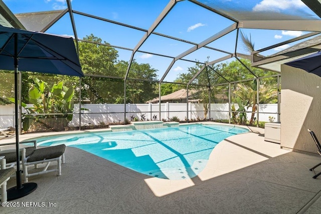1341 Honeysuckle Dr, Saint Johns, FL 32259 - view of pool with a hot tub, a fenced backyard, a patio, and glass enclosure