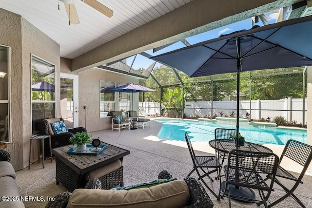 1341 Honeysuckle Dr, Saint Johns, FL 32259 - view of pool featuring a patio, outdoor lounge area, a fenced backyard, ceiling fan, and a lanai