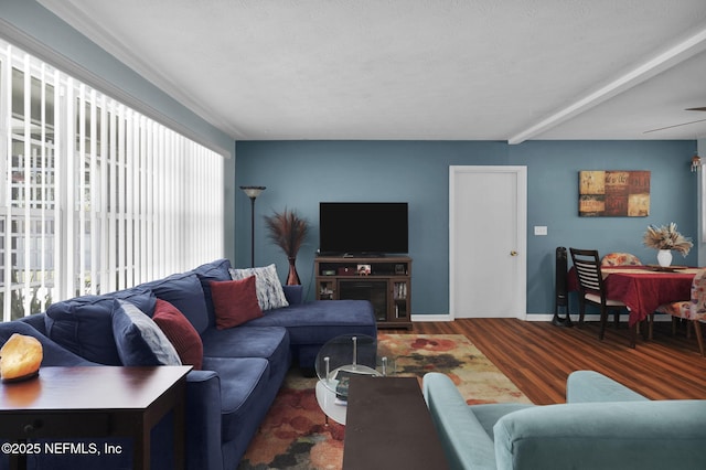 living room featuring wood finished floors and baseboards