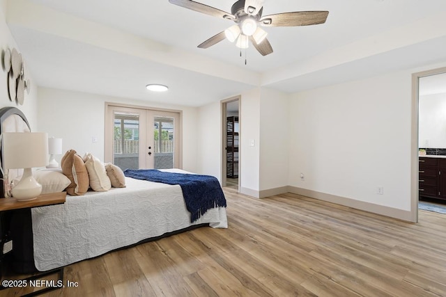 bedroom with a ceiling fan, baseboards, light wood-style flooring, french doors, and access to outside