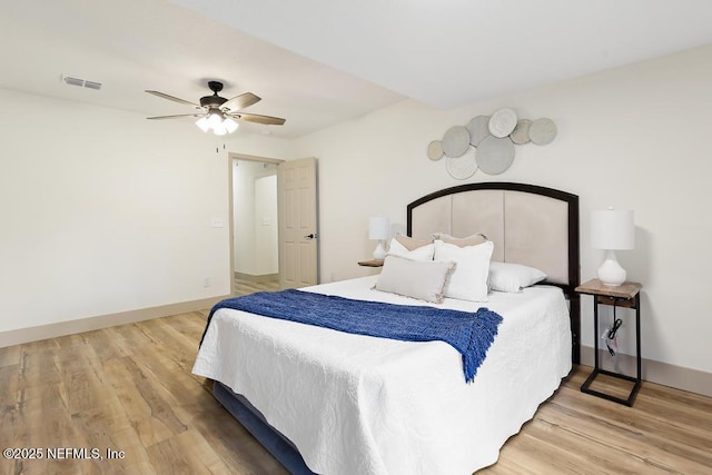 bedroom featuring light wood-style flooring, baseboards, and visible vents