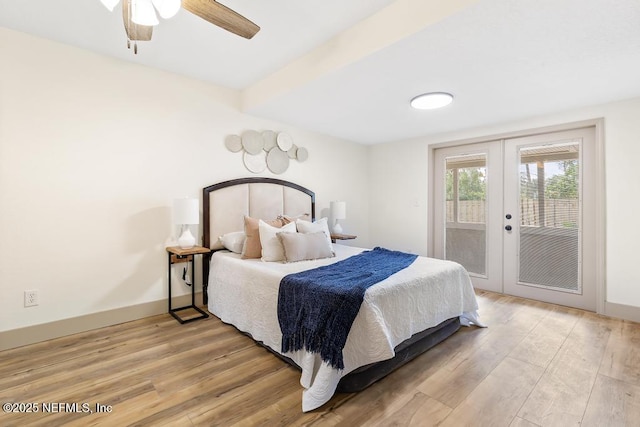 bedroom with light wood finished floors, french doors, baseboards, and access to outside