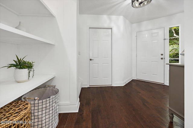 foyer entrance with a textured ceiling, dark wood-type flooring, and baseboards