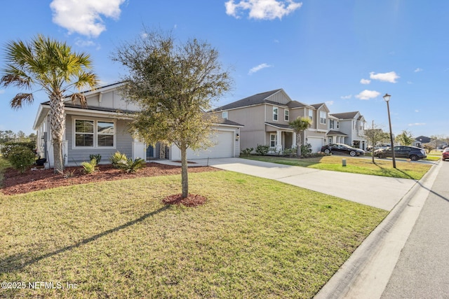 view of front facade featuring a garage, a residential view, concrete driveway, and a front lawn