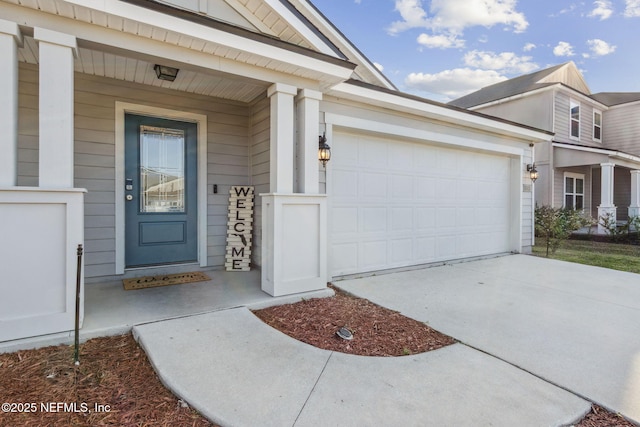 view of exterior entry with concrete driveway and a garage