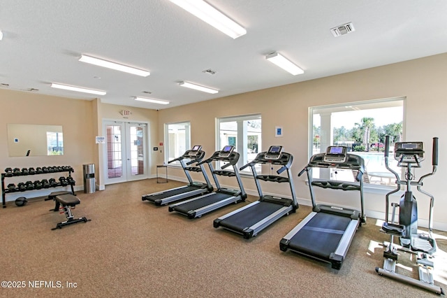 exercise room with visible vents, french doors, a textured ceiling, and baseboards