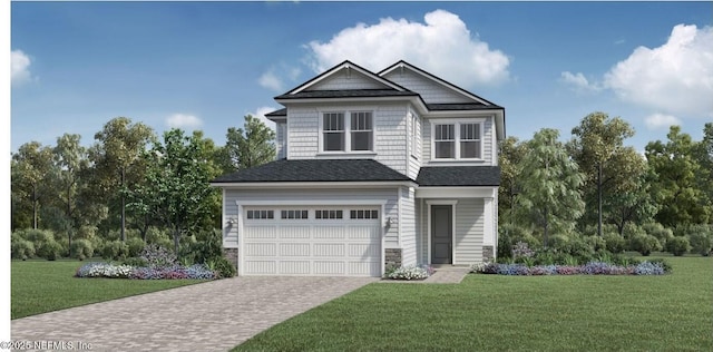 craftsman-style house featuring a front lawn, an attached garage, stone siding, and driveway