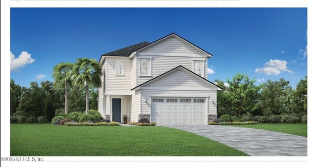 view of front of home featuring a garage, concrete driveway, and a front lawn