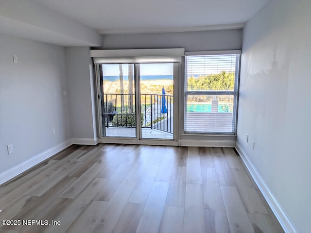 spare room featuring baseboards, plenty of natural light, and wood finished floors