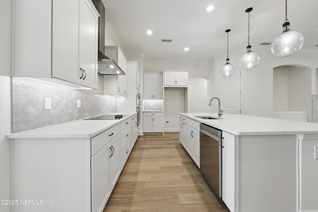 1646 County Road 315b, Green Cove Springs, FL 32043 - kitchen featuring dishwasher, a center island with sink, a sink, black electric stovetop, and wall chimney range hood