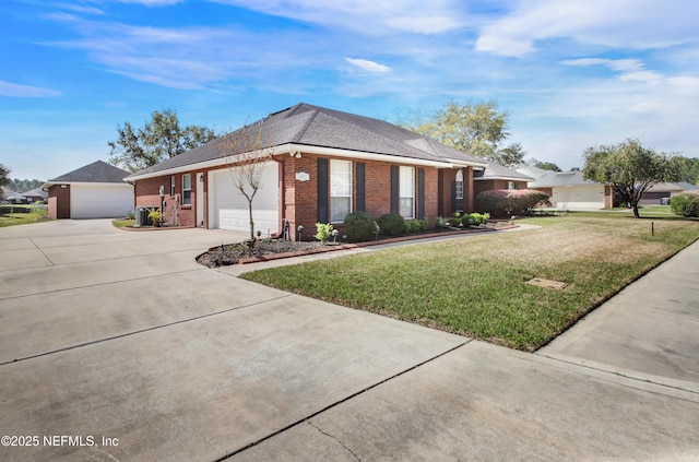 ranch-style house featuring brick siding, an attached garage, concrete driveway, and a front lawn