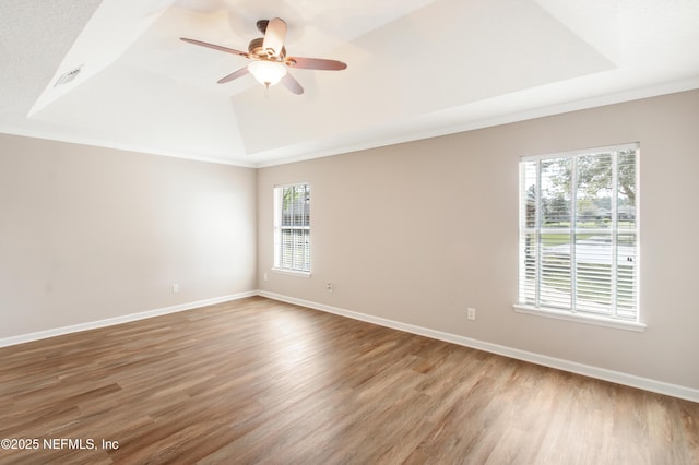 unfurnished room with baseboards, a raised ceiling, and wood finished floors