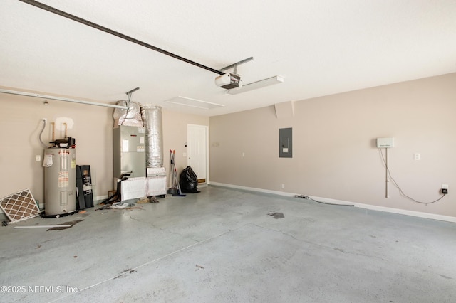 garage featuring electric panel, heating unit, a garage door opener, water heater, and baseboards