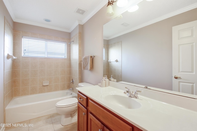 bathroom with visible vents, shower / washtub combination, toilet, tile patterned floors, and vanity