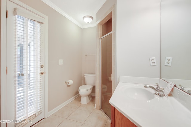 full bathroom featuring tile patterned floors, toilet, ornamental molding, baseboards, and vanity