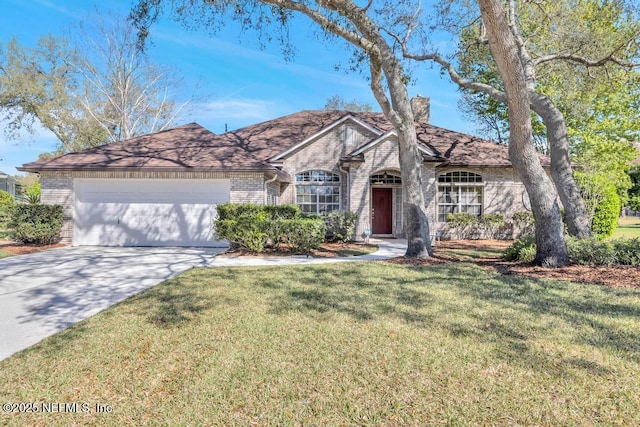 ranch-style home with brick siding, a front yard, concrete driveway, and an attached garage