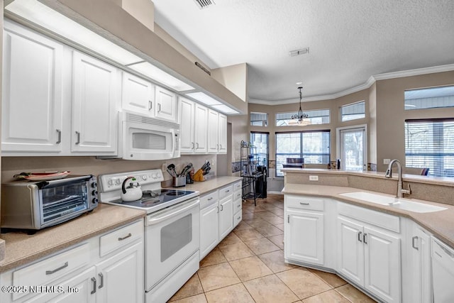 kitchen with white appliances, ornamental molding, a toaster, and a sink