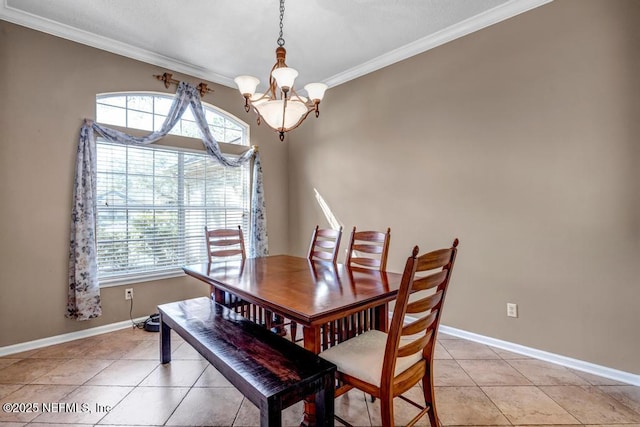 dining space featuring a wealth of natural light, a notable chandelier, crown molding, and light tile patterned floors