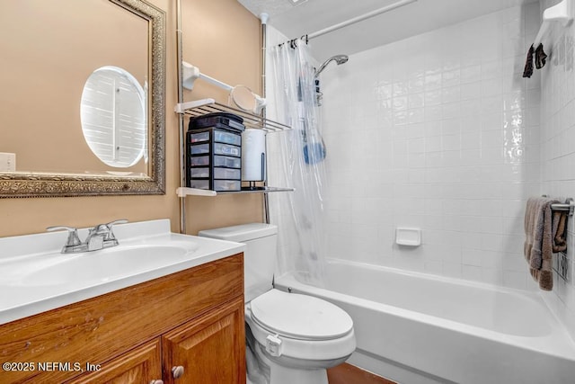 full bath with toilet, vanity, and shower / bathtub combination with curtain