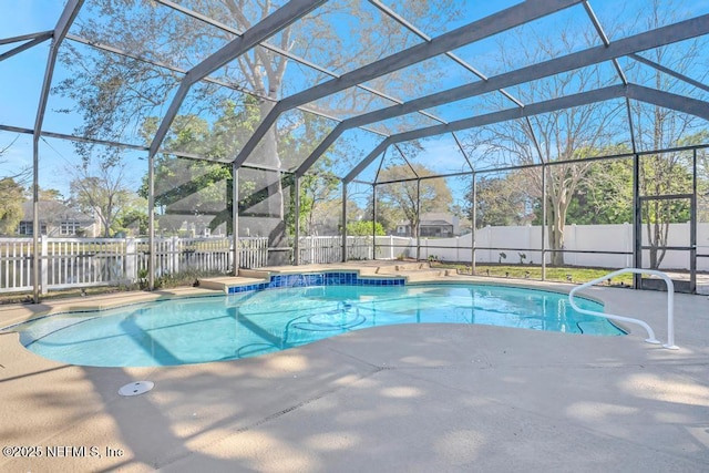 view of pool with a patio area, a fenced in pool, a lanai, and a fenced backyard