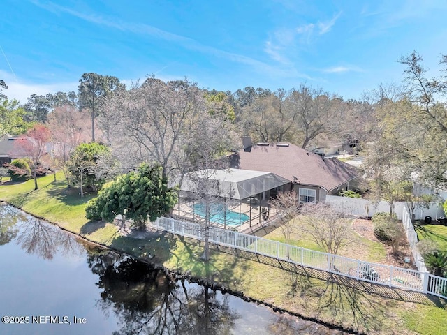 birds eye view of property featuring a water view