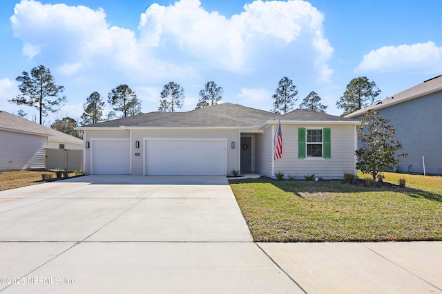 ranch-style home with driveway, a front lawn, a garage, and fence