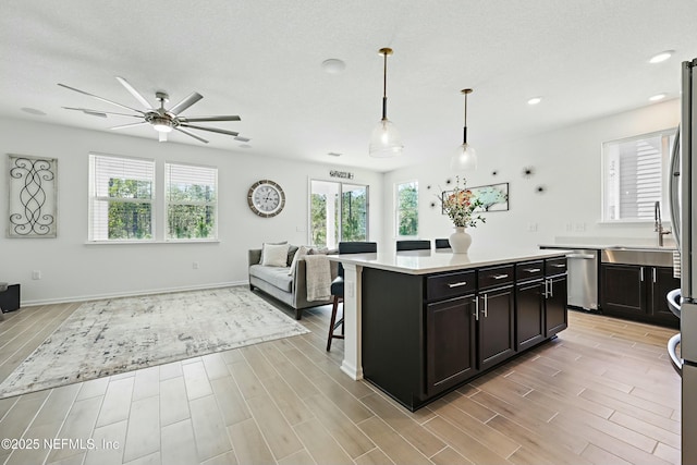 kitchen featuring stainless steel dishwasher, a ceiling fan, open floor plan, and wood tiled floor