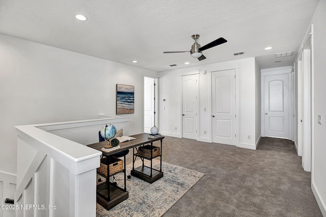 office with recessed lighting, visible vents, carpet flooring, and ceiling fan