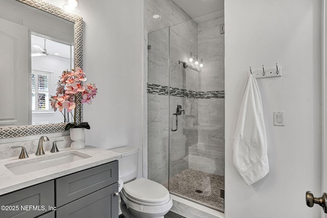 bathroom featuring vanity, toilet, and a shower stall