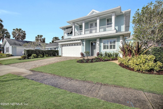 traditional-style home featuring a front lawn, driveway, board and batten siding, a garage, and a balcony