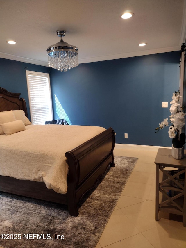 tiled bedroom with recessed lighting, baseboards, an inviting chandelier, and ornamental molding