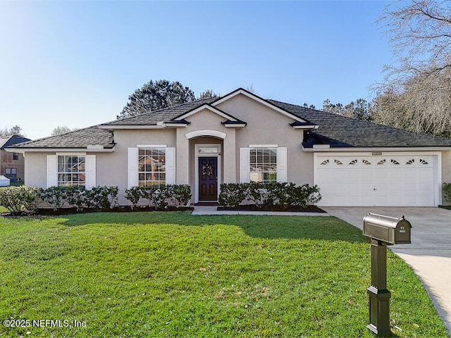 ranch-style home with stucco siding, an attached garage, concrete driveway, and a front yard