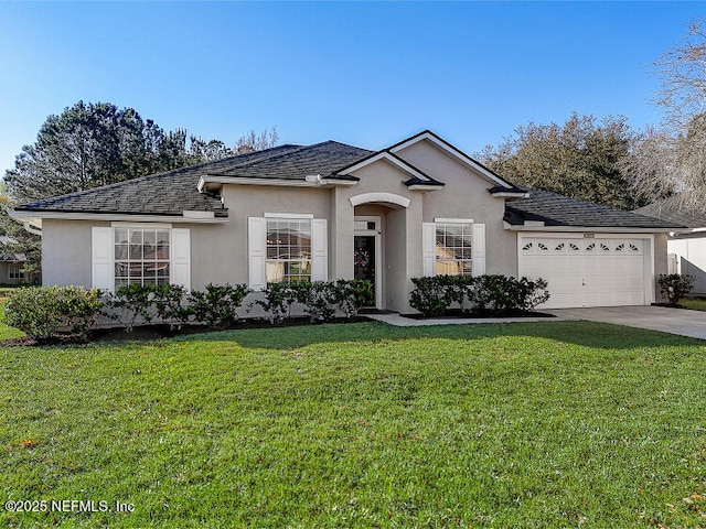 ranch-style house with stucco siding, an attached garage, concrete driveway, and a front yard