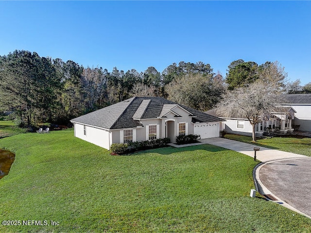 ranch-style home with stucco siding, a front lawn, concrete driveway, and an attached garage