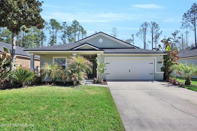 single story home featuring roof with shingles, an attached garage, stucco siding, concrete driveway, and a front lawn