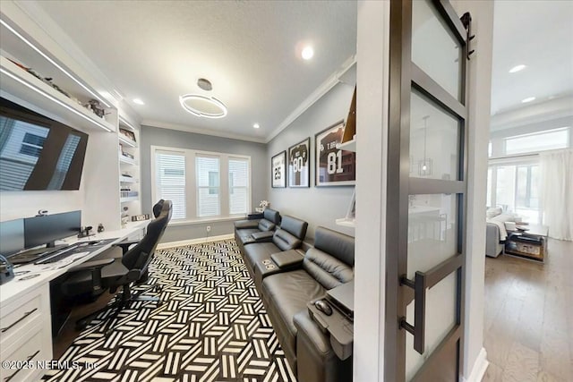 office with recessed lighting, a healthy amount of sunlight, wood finished floors, and ornamental molding