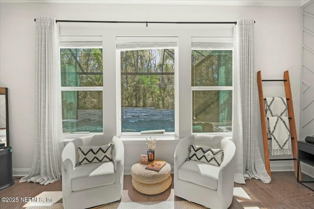 sitting room with baseboards and wood finished floors